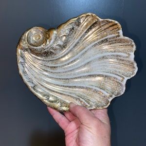 Vintage Ceramic Seashell Design Trinket Dish Gold Speckled And White From 1950s